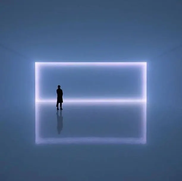 Figure in neon lit rectangular frame, photographic, technical, dark