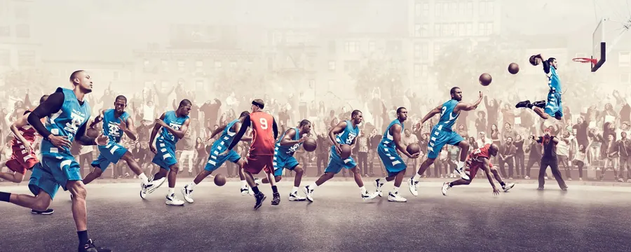 Basketball player surrounded by hoops dynamic composition, photographic, editorial, muted