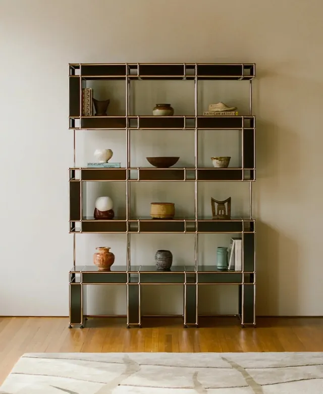 Minimalist shelving unit with ceramic objects, photographic, minimalist, warm