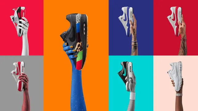 Grid of sneakers on vibrant colored backgrounds, photographic, bold, vibrant