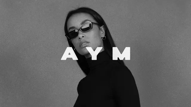AYM typography over portrait, monochrome, bold, dark