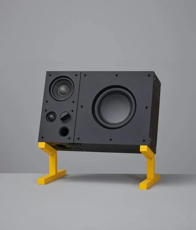 Audio speaker product design studio shot, photographic, technical, monochrome