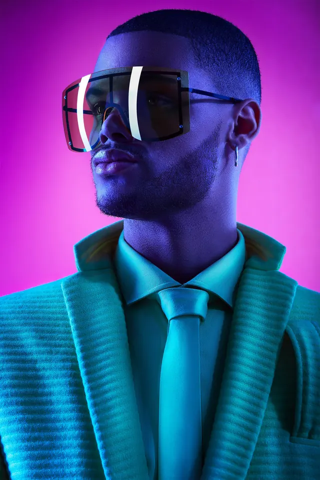 Futuristic portrait wraparound sunglasses, photographic, gradient-heavy, vibrant