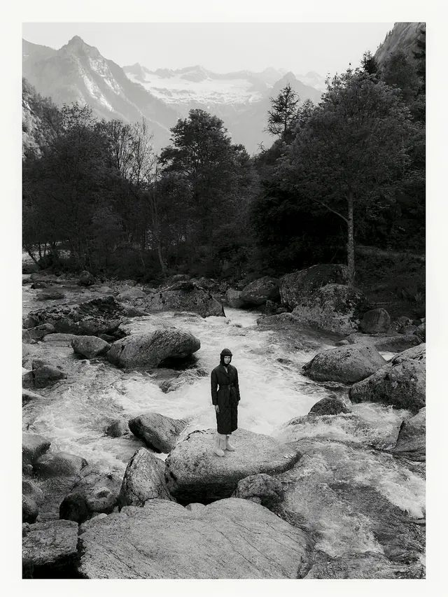 Figure in mountain landscape black and white, photographic, editorial, monochrome