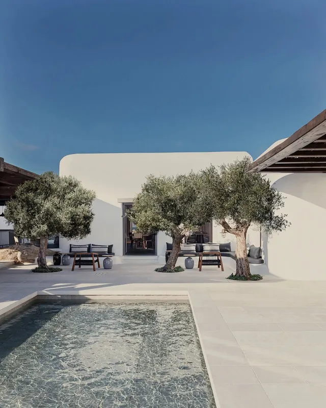 Mediterranean courtyard with pool and olive trees, minimal, photographic, cool