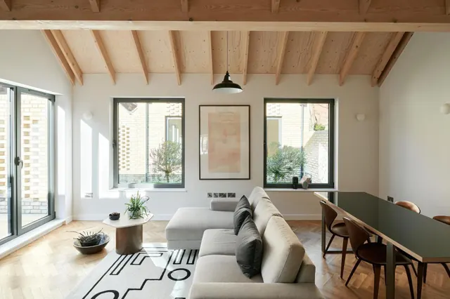 Spencer Courtyard minimalist interior with wooden beams, minimal, organic, warm