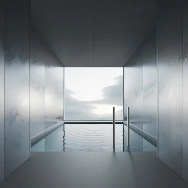 Minimalist architectural frame to infinity pool and landscape, minimal, geometric, cool