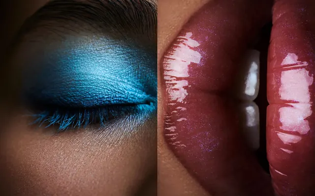 Macro beauty close-ups eye makeup and lips, photographic, minimal, cool
