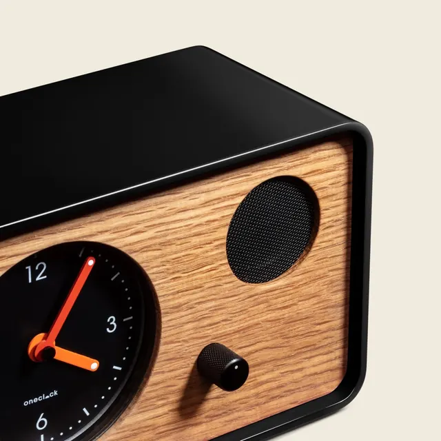 Wooden digital clock product photography, photographic, minimal, warm
