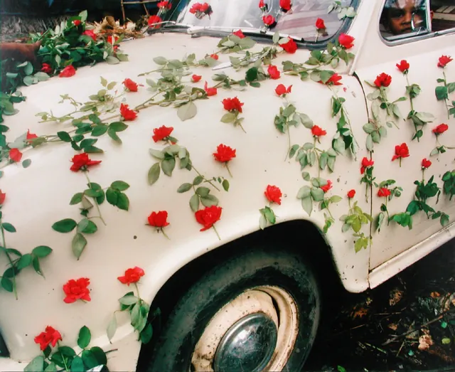 Floral installation on white vehicle, photographic, editorial, vibrant