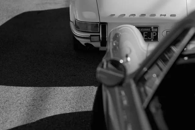 Vintage car interior detail in black and white, photographic, editorial, monochrome