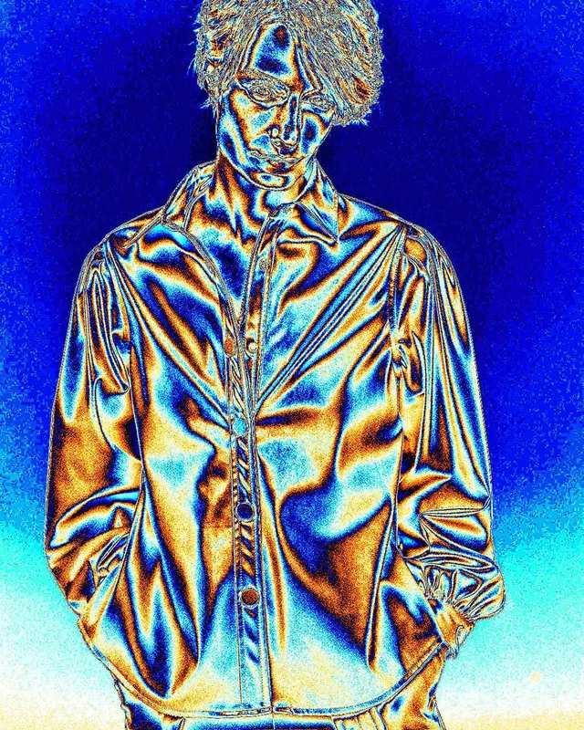 Chromatic portrait with gold-to-blue gradient, photographic, digital, vibrant
