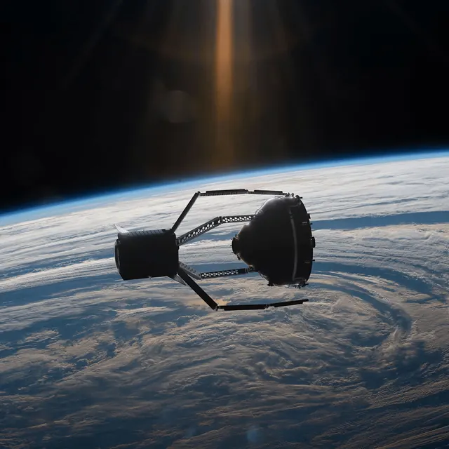 Space capsule orbiting Earth, photographic, technical, dark