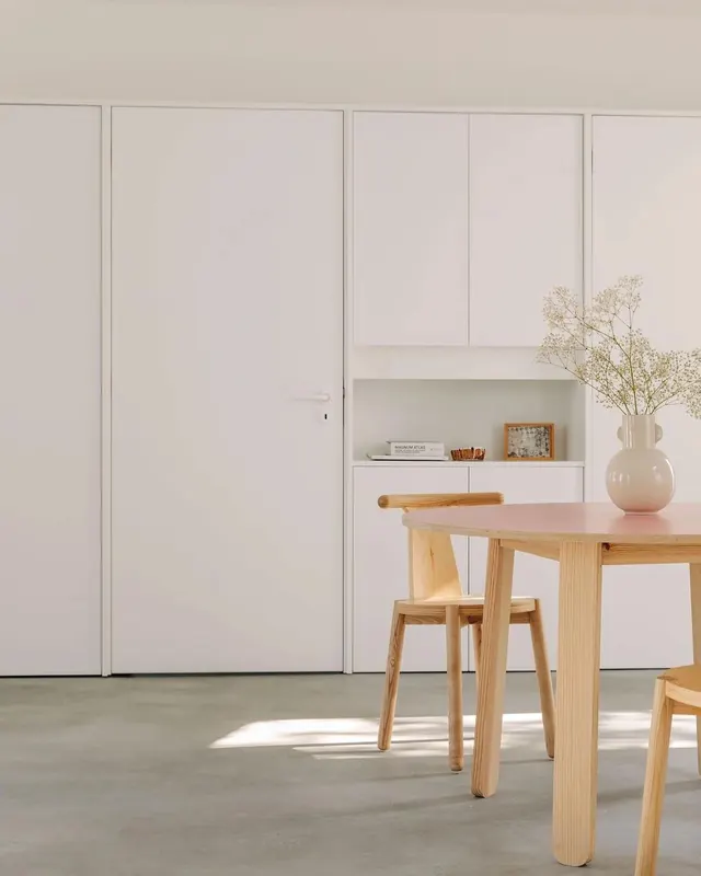 Minimalist interior with light wood furniture, photographic, minimal, warm