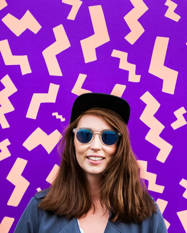 Retro portrait with vibrant pattern backdrop, photographic, y2k, vibrant