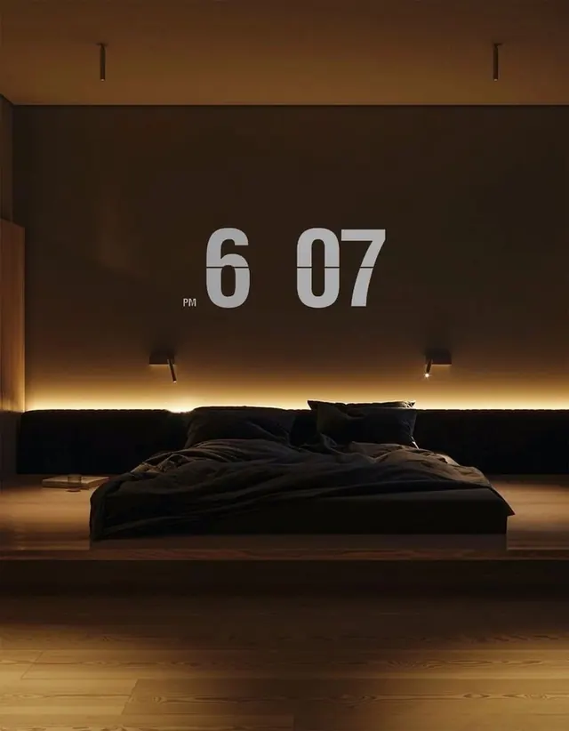 Modern bedroom with backlit headboard and digital clock, photographic, minimal, dark
