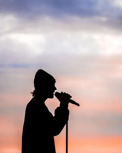 Silhouette performer against gradient sky at sunset, photographic, minimal, pastel
