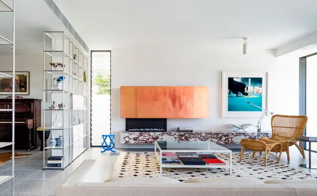 Contemporary living room with warm accent art, photographic, minimal, warm