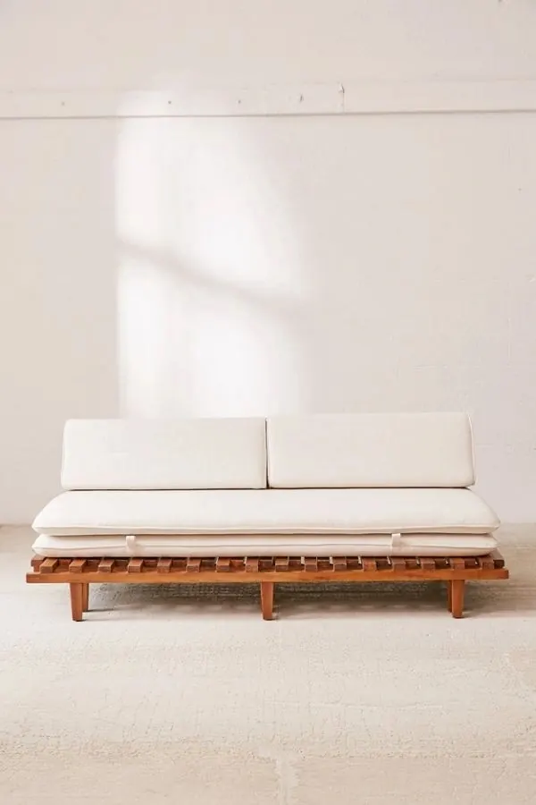 Mid-century wood platform sofa with cream cushions, minimal, mid-century-modern, light