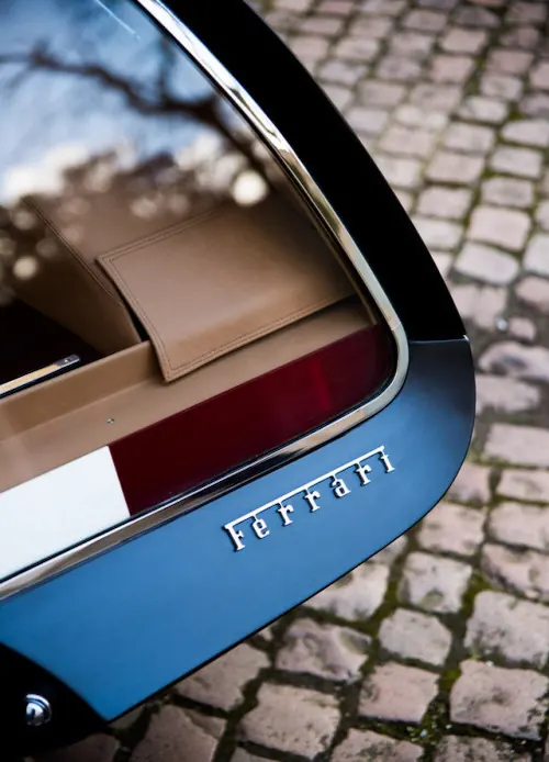 Ferrari luxury car trunk detail with leather interior, photographic, luxury, dark