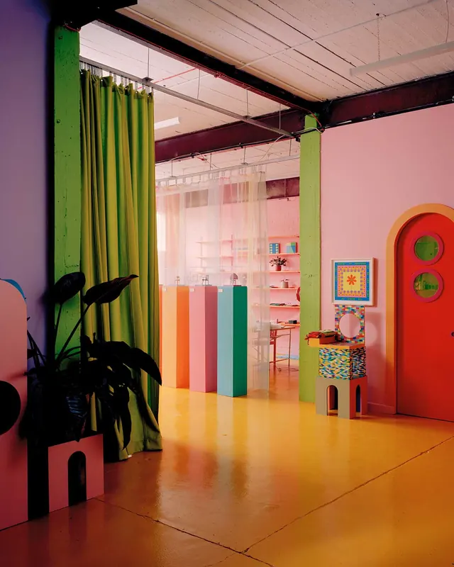 Colorful artist studio with bold geometric forms and vibrant palette, playful, colorful, vibrant