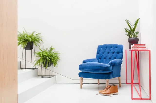 2LG Studio interior with blue chair and color accents, minimal, interior-design, light