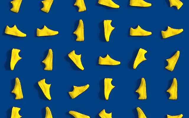 Yellow sneakers flat lay grid, photographic, minimalist, vibrant