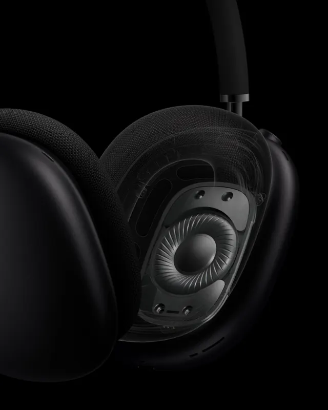 High-tech headphone detail shot, technical, photographic, dark