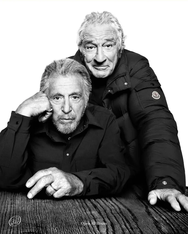 Open All Hours black and white duo portrait, photographic, dark-mode, monochrome