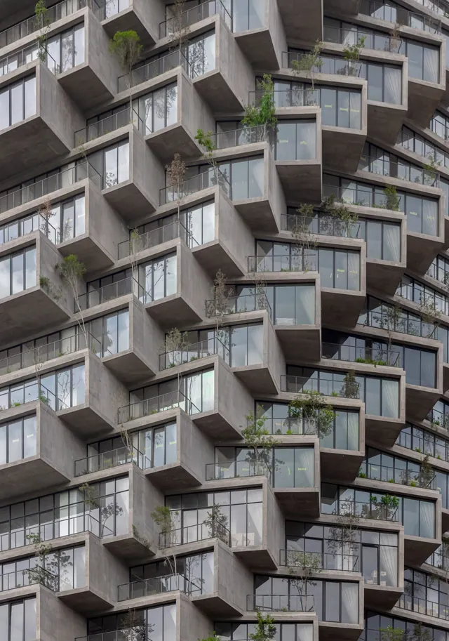 BIG Iqon tower pixelated facade architecture, brutalist, technical, muted