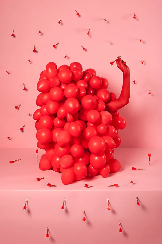 Akatre red balloons kinetic sculpture, playful, minimalist, vibrant