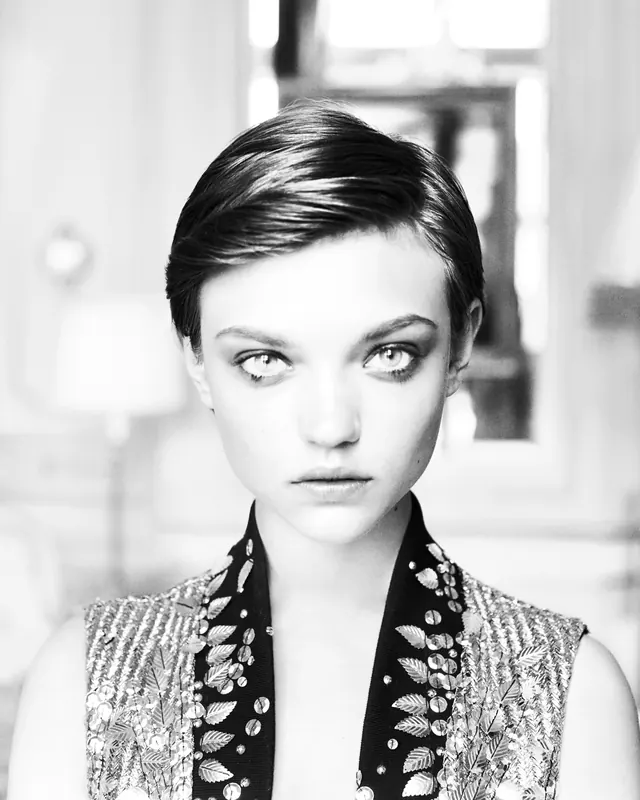 Mod sixties portrait with patterned scarf, photographic, editorial, monochrome