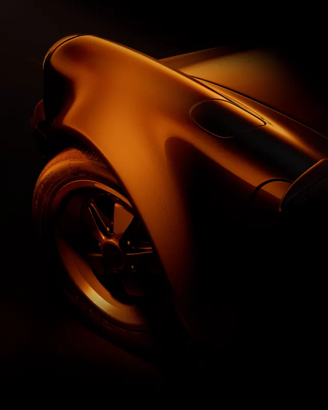 Warm-lit car detail study, photographic, dark-mode, dark