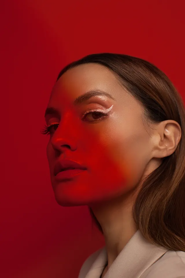 Arugama red profile portrait, photographic, editorial, warm