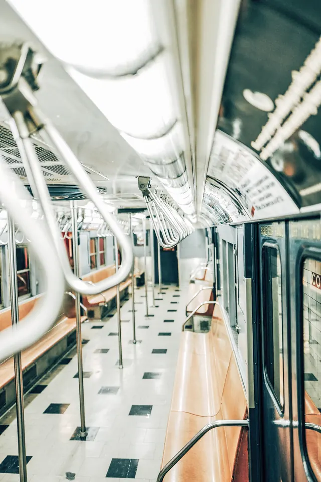 NYC transit museum train interior, photographic, architectural, light