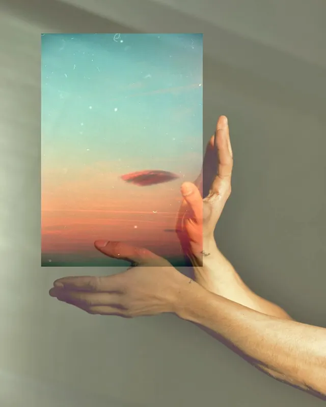 Sunset landscape double exposure, photographic, illustrated, warm