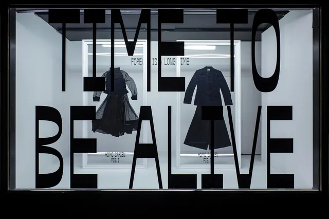 Fashion retail window display, photographic, editorial, monochrome