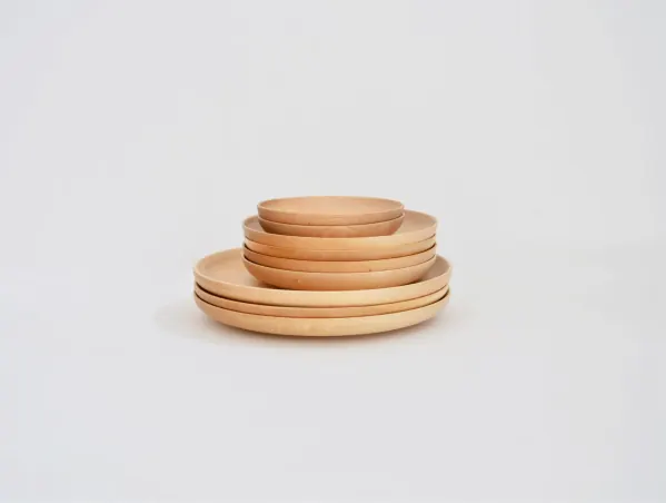 Wooden dishware nesting bowls, photographic, minimal, light