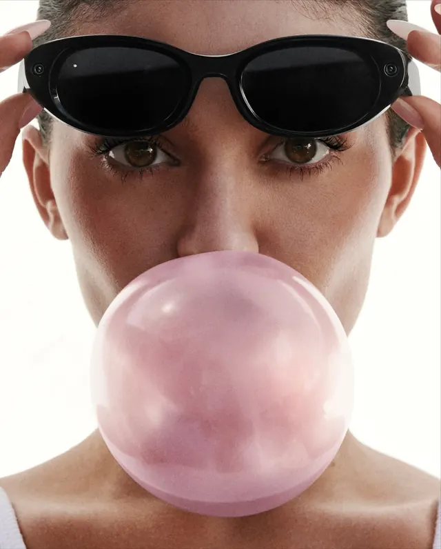 Portrait with sunglasses and bubblegum, photographic, playful, warm