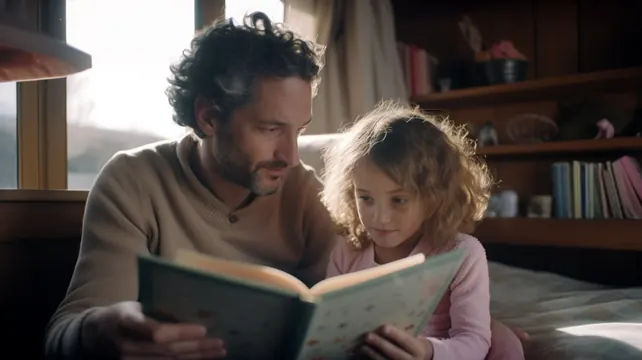 Adult and child reading together, photographic, warm, warm