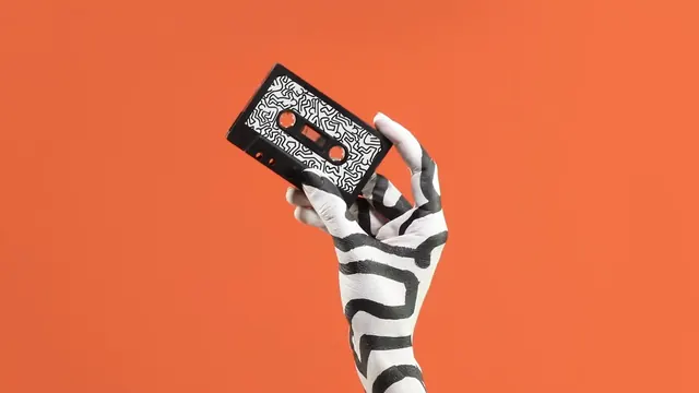 Hand Holding Smartphone with Abstract Graphic, neo-brutalist, abstract, vibrant