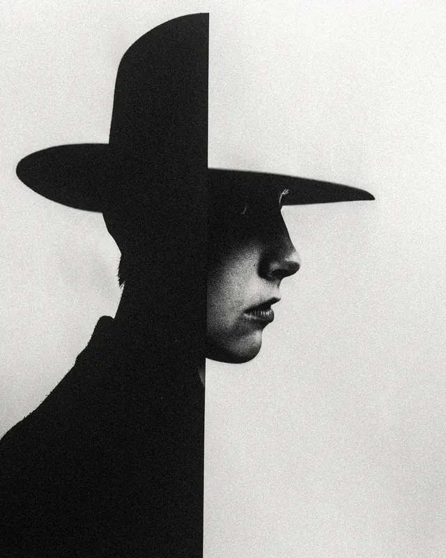 Monochrome Portrait with Wide-Brimmed Hat