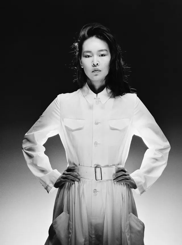 Monochrome Portrait of Woman in Button-Down Dress