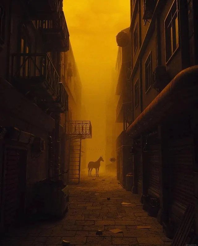 Foggy European Street at Night