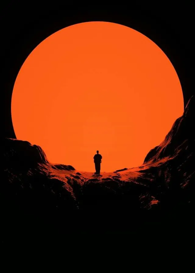 Silhouette against a large orange sun