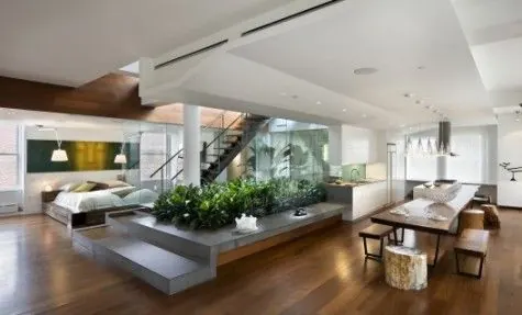 Minimalist modern interior with plants and seating, minimal, corporate-clean, light