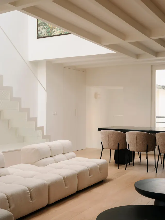 Minimal contemporary interior with sculptural sofa, minimal, organic, light