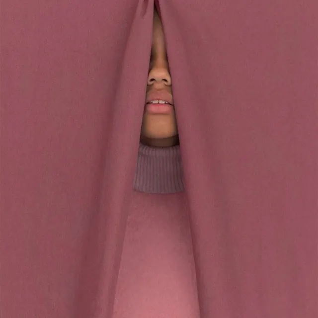 Face peeking through slit in mauve fabric, minimal, photographic, muted