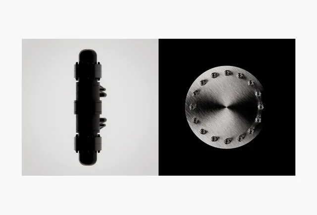 Split industrial product photography, minimal, monochrome, light