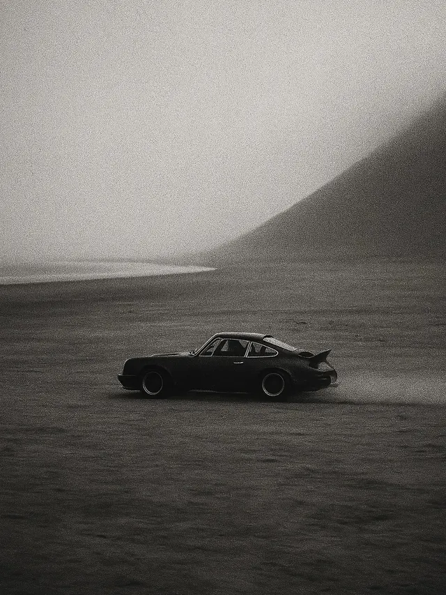 Monochrome Coastal Car Scene